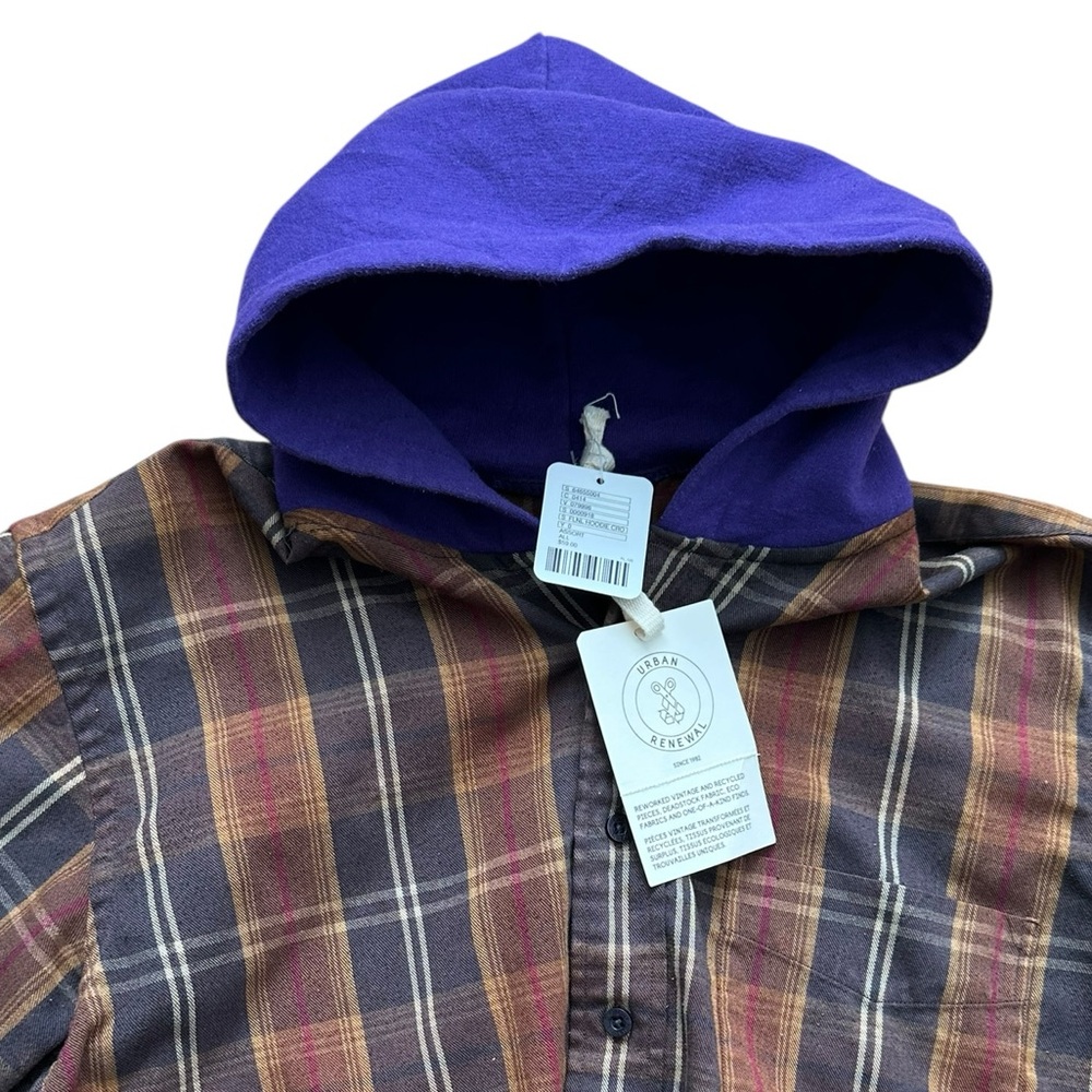 URBAN RENEWAL brown plaid flannel crop hooded up-cycled shirt size Small - NWT! - Picture 3 of 8